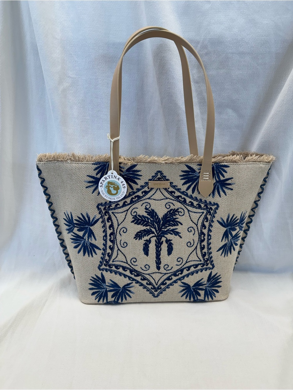 Spartina 449 Beige Tote with Navy Palm Embroidery and Tan Straps